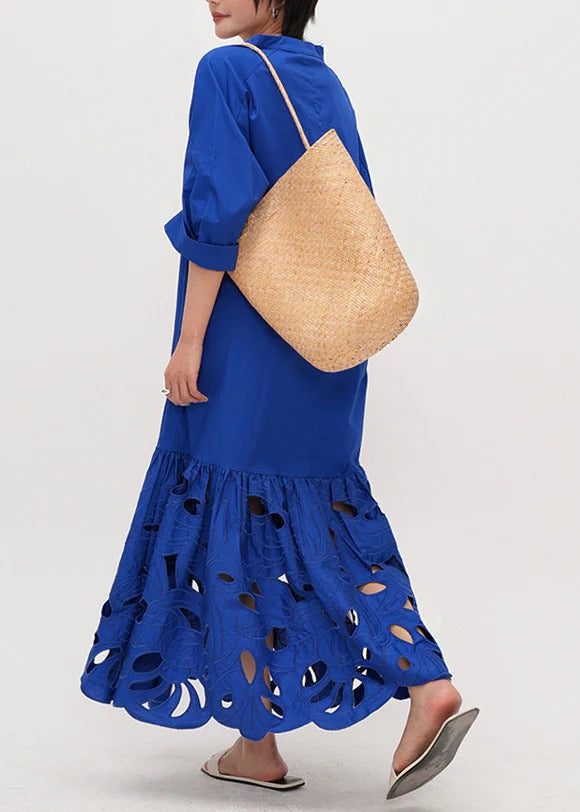 Art Blue Embroidered Hollow Out Cotton Maxi Dress Half Sleeve