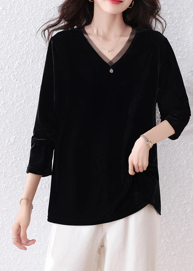 Beautiful Black V Neck Patchwork Silk Velour Shirt Tops Fall