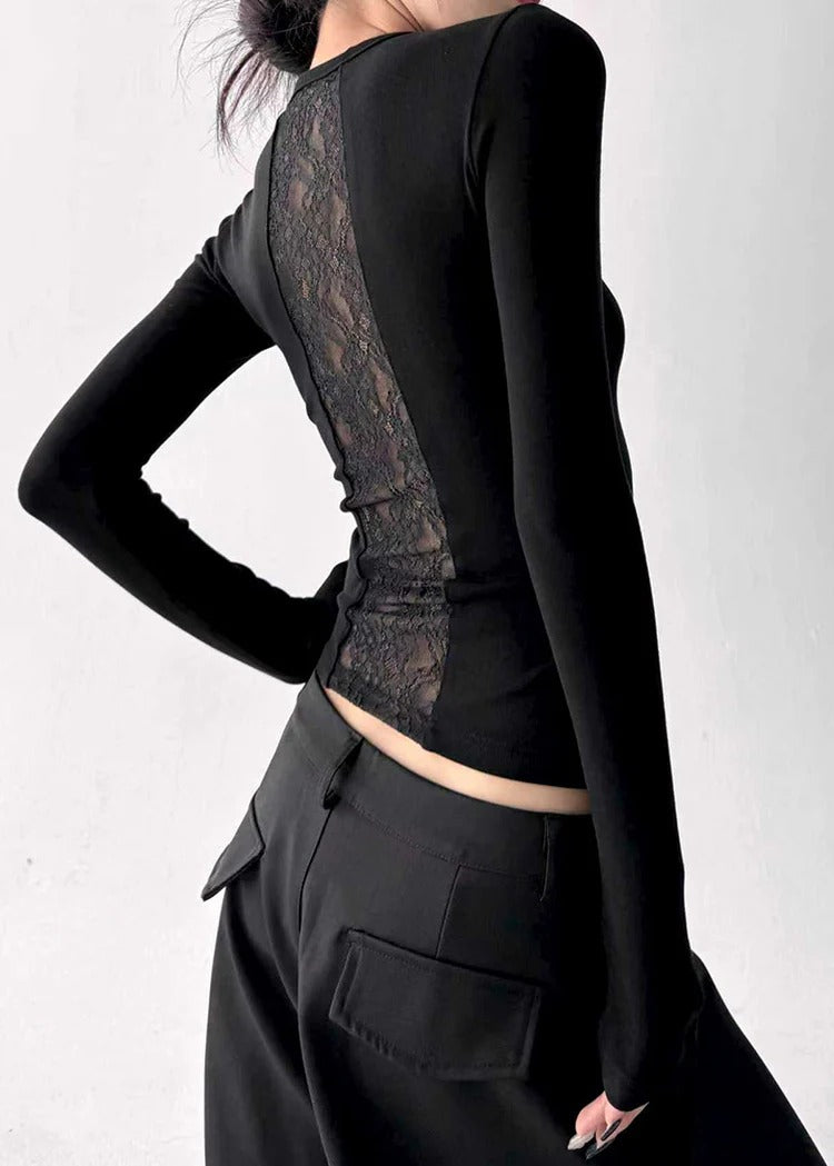 Black Patchwork Lace Blouse Top Hollow Out Fall