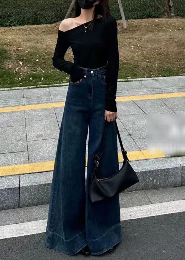 Boho Navy Oversized Denim Wide Leg Pants Fall