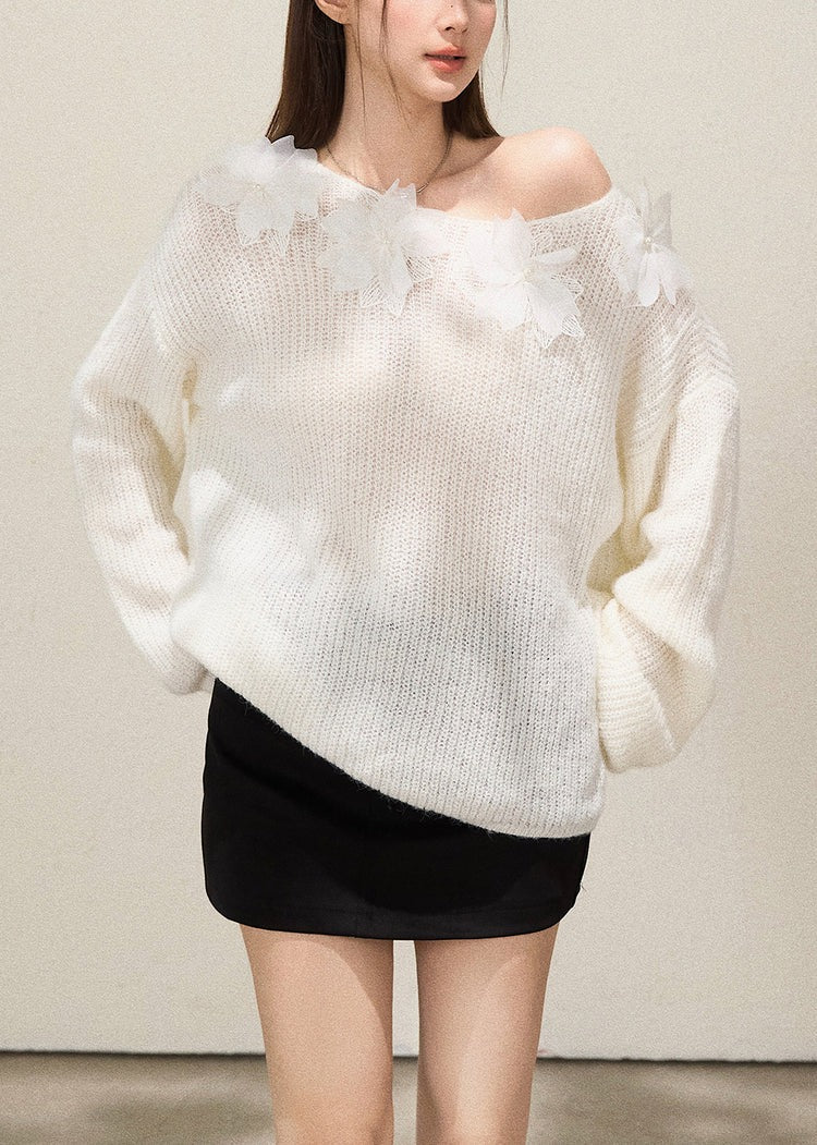 Boho White Oversized Floral Decorated Knit Top Fall