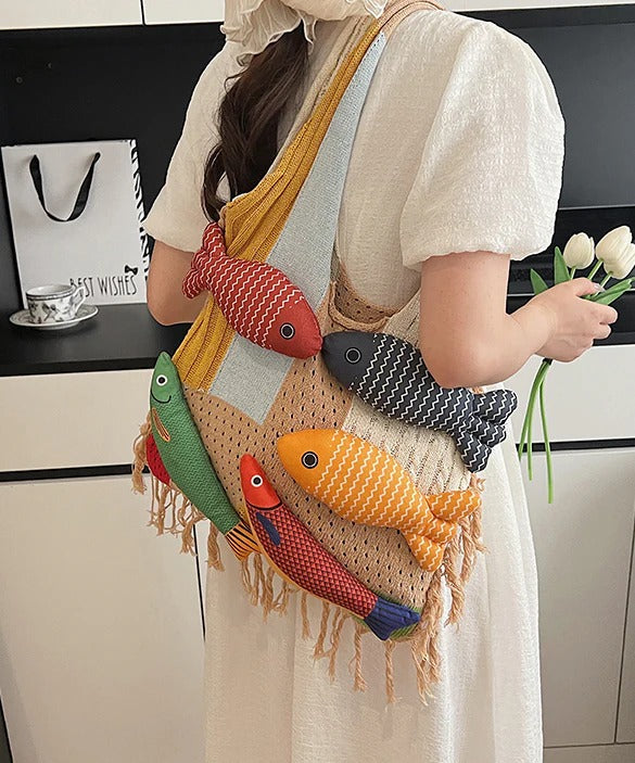 Casual Mixed Color Fish Decorated Hollow Out Cotton Shoulder Bags