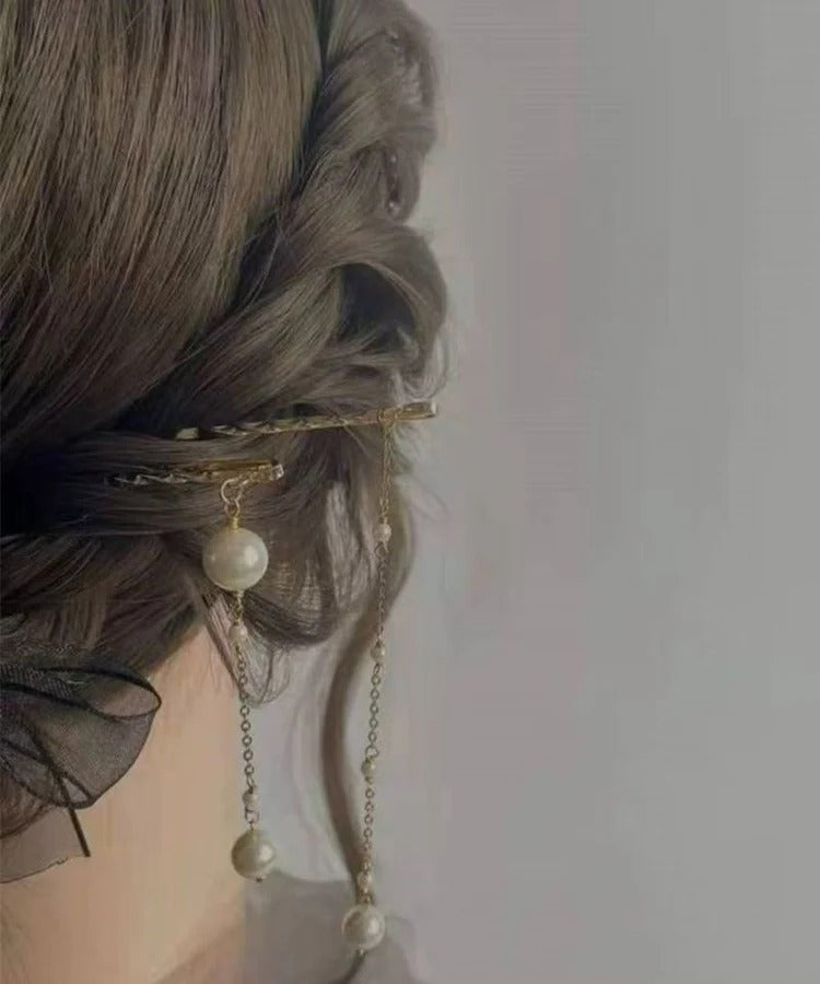 Chinese Style Gold Alloy Pearl Tassel Hairpin Two-Piece Set