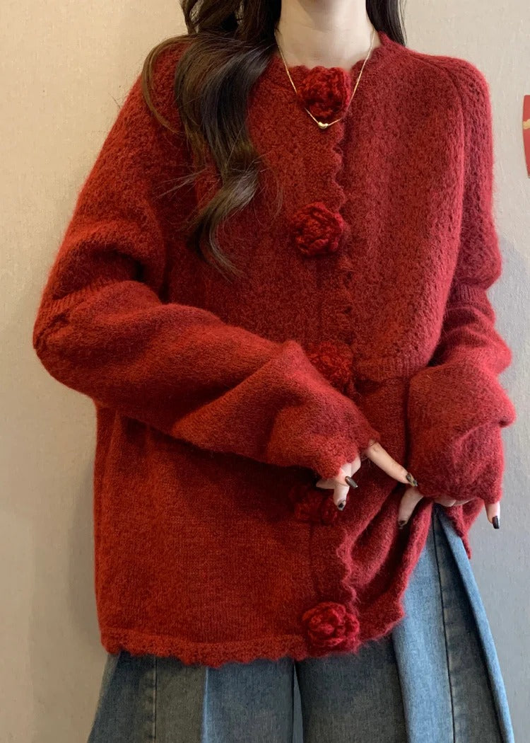 Elegant Red Oversized Three-dimensional Floral Knitted Tops Fall