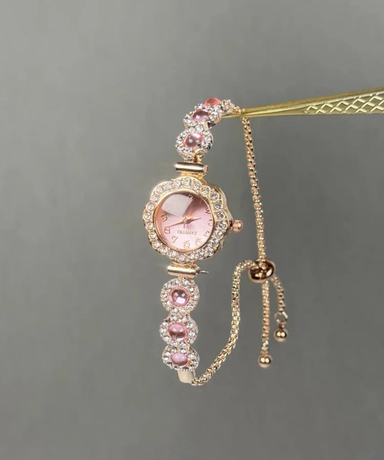 Fine Pink Alloy Inlaid Gem Stone Zircon Sapphire Crystal Watches