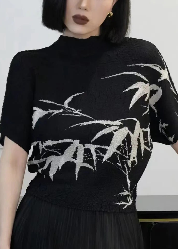 Loose Black Print Wrinkled Cotton T Shirt Summer