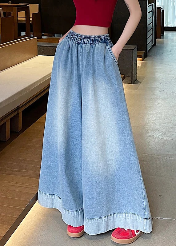 Loose Blue Pockets Elastic Waist Denim Wide Leg Pants Fall