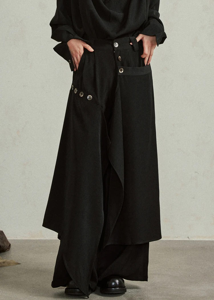 Modern Black Asymmetrical Button Pockets Cotton Pants Fall