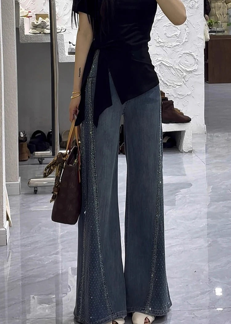 Modern Denim Blue Zircon High Waist Flared Trousers Fall