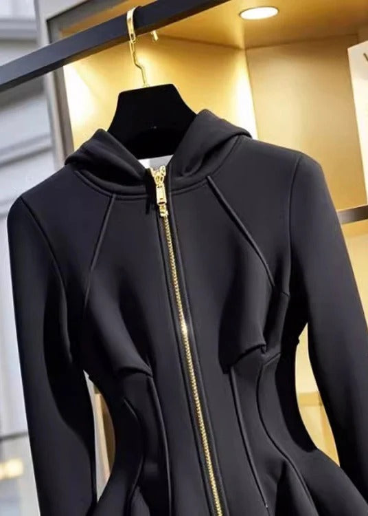New Black Hooded Zippered Cotton Coats Fall