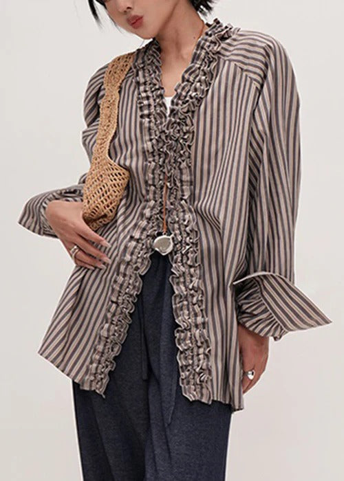 Original Design Striped V Neck Ruffled Cotton Shirt Fall