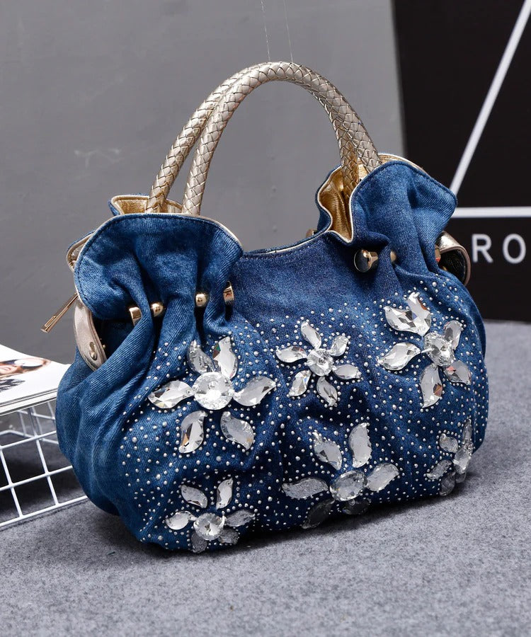 Retro Denim Blue Flower Rhinestone Tote Handbag