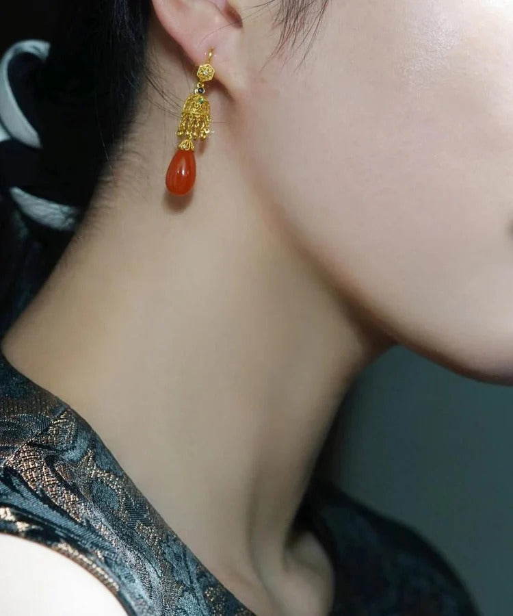 Retro Gold Sterling Silver Overgild Agate Water Droplet Drop Earrings