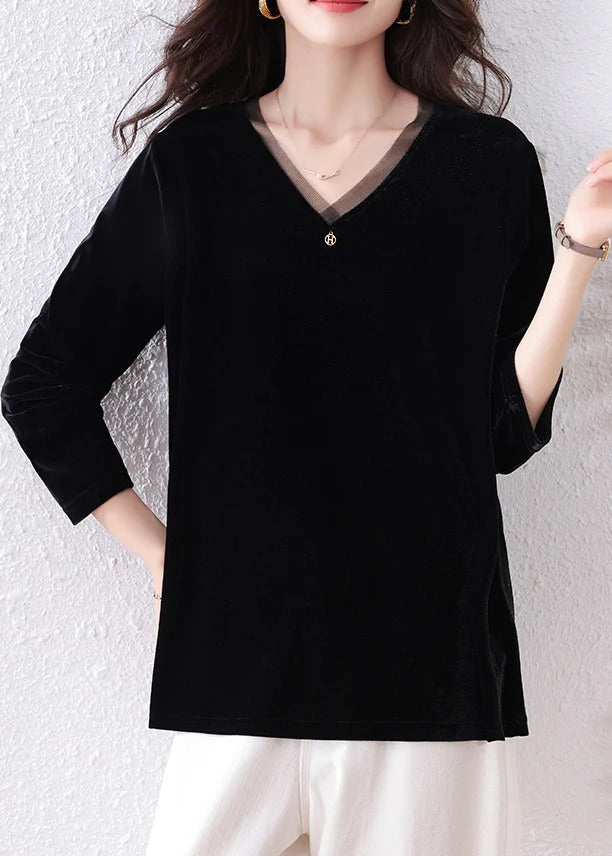 Beautiful Black V Neck Patchwork Silk Velour Shirt Tops Fall