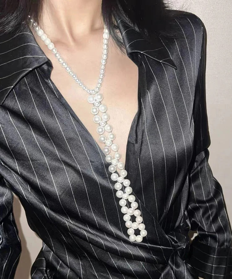 Elegant White Alloy Pearl Sweater Gratuated Bead Necklace