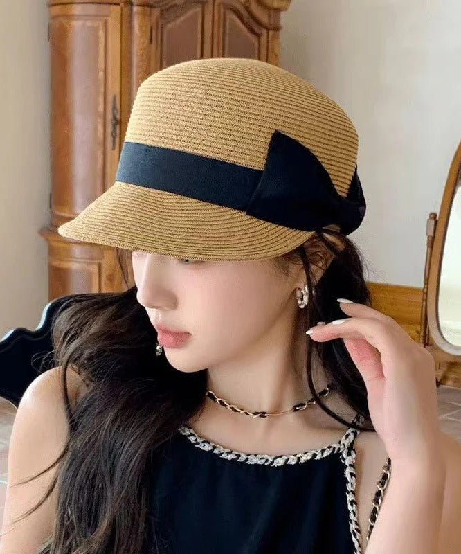 French Summer Beige Bow Straw Woven Sun Hat