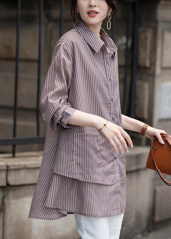 Loose Peter Pan Collar Striped Pockets Cotton Shirt Tops Fall