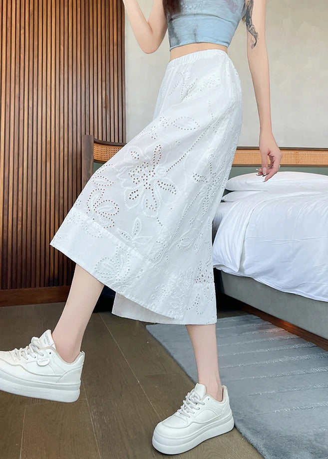 Loose White Hollow Out Pockets Elastic Waist Cotton Crop Pants Summer