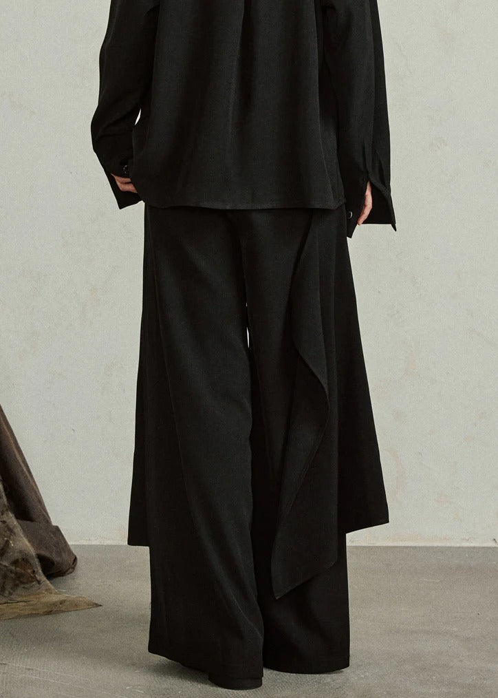 Modern Black Asymmetrical Button Pockets Cotton Pants Fall