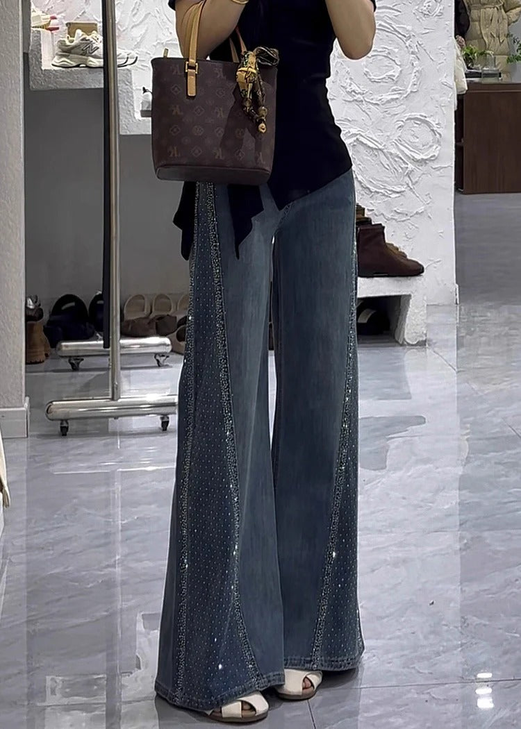 Modern Denim Blue Zircon High Waist Flared Trousers Fall