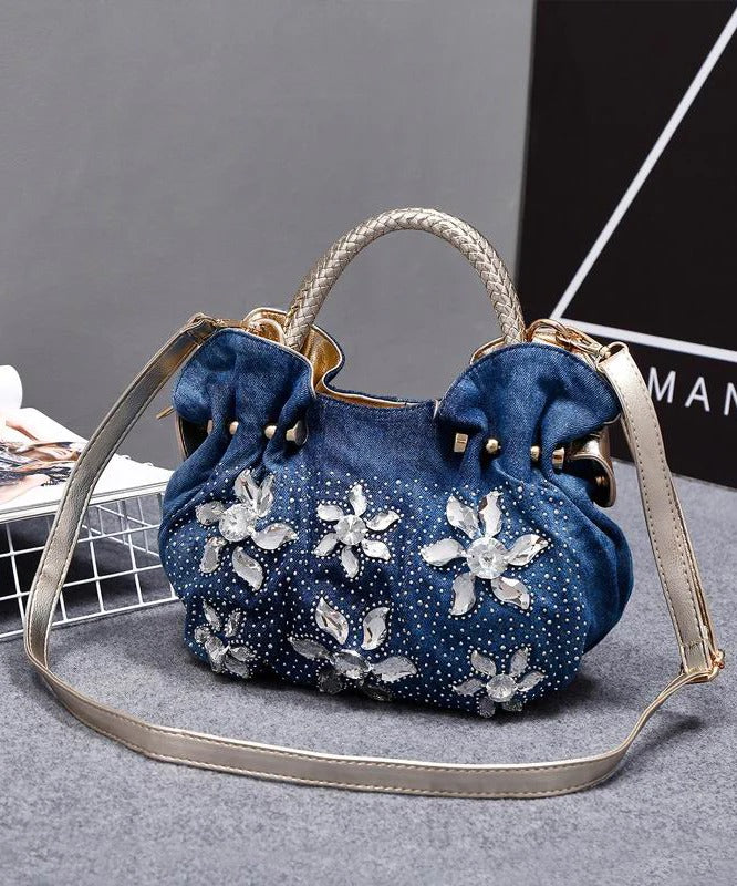 Retro Denim Blue Flower Rhinestone Tote Handbag