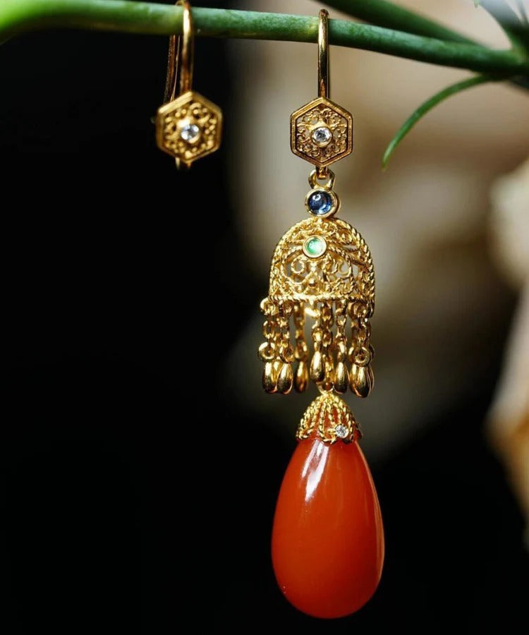 Retro Gold Sterling Silver Overgild Agate Water Droplet Drop Earrings