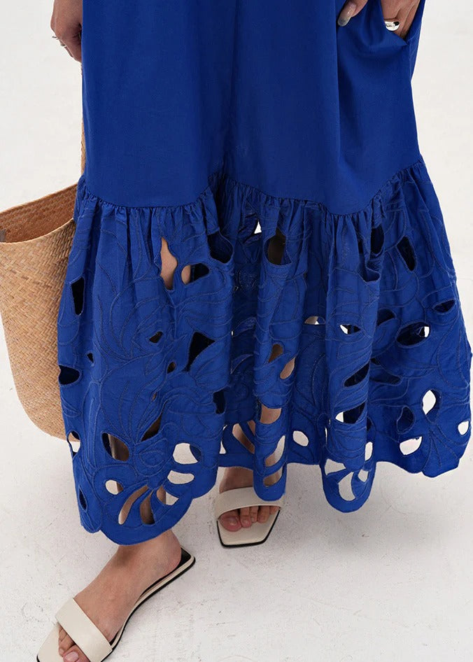 Art Blue Embroidered Hollow Out Cotton Maxi Dress Half Sleeve