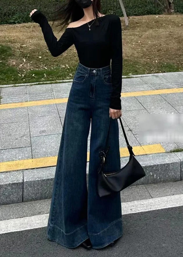 Boho Navy Oversized Denim Wide Leg Pants Fall