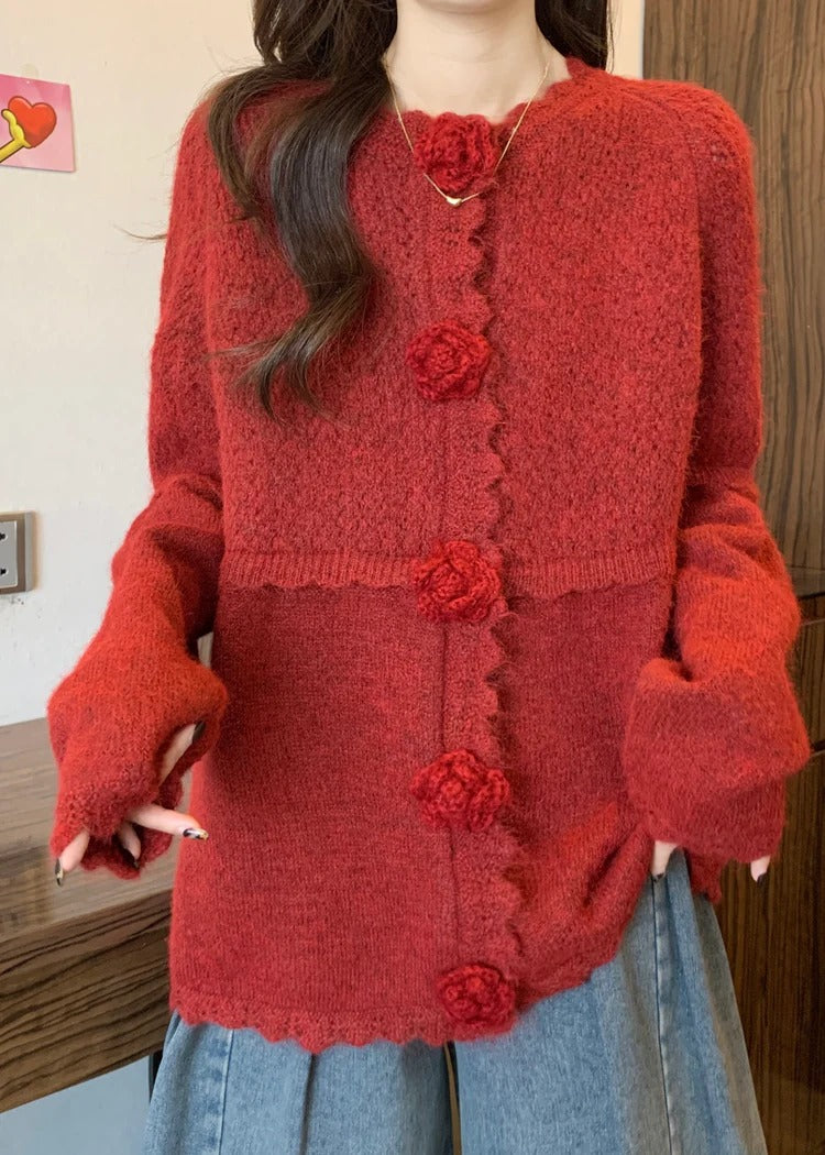 Elegant Red Oversized Three-dimensional Floral Knitted Tops Fall