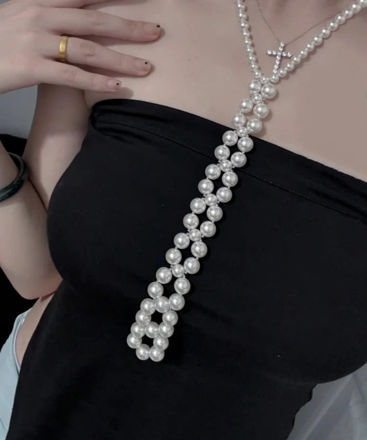 Elegant White Alloy Pearl Sweater Gratuated Bead Necklace