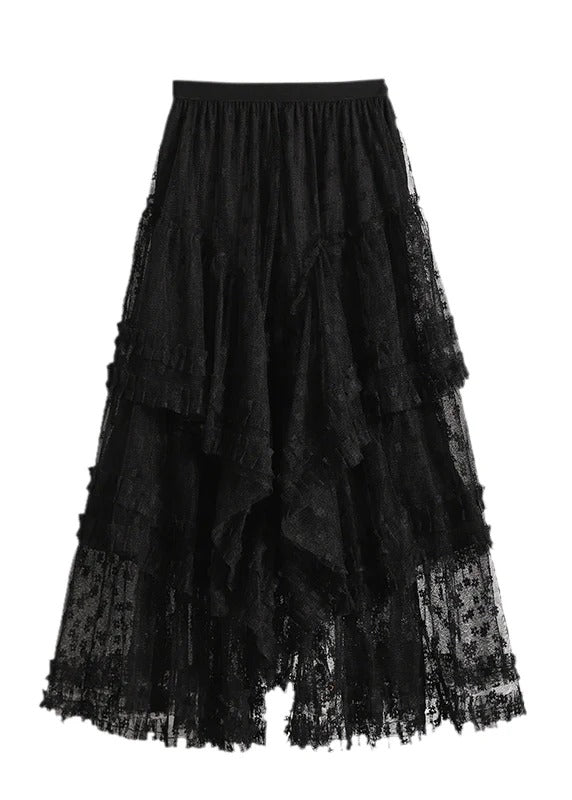 Women Black Ruffled Lace A Line Skirts Fall