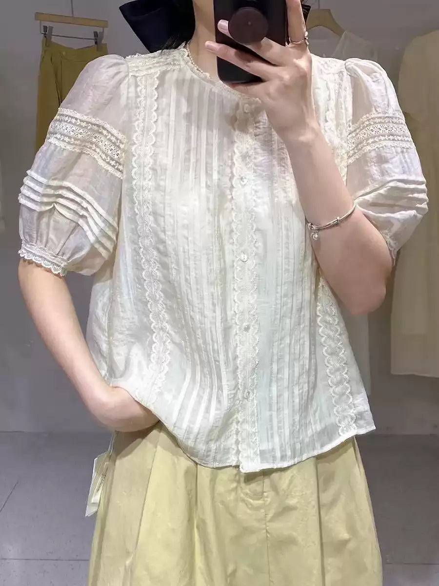 Italian Apricot Wrinkled Lace Patchwork Cotton Shirt Summer