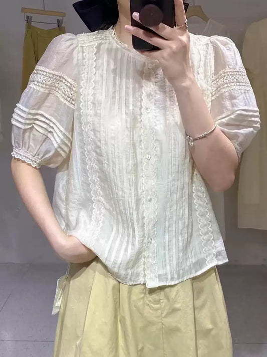 Italian Apricot Wrinkled Lace Patchwork Cotton Shirt Summer