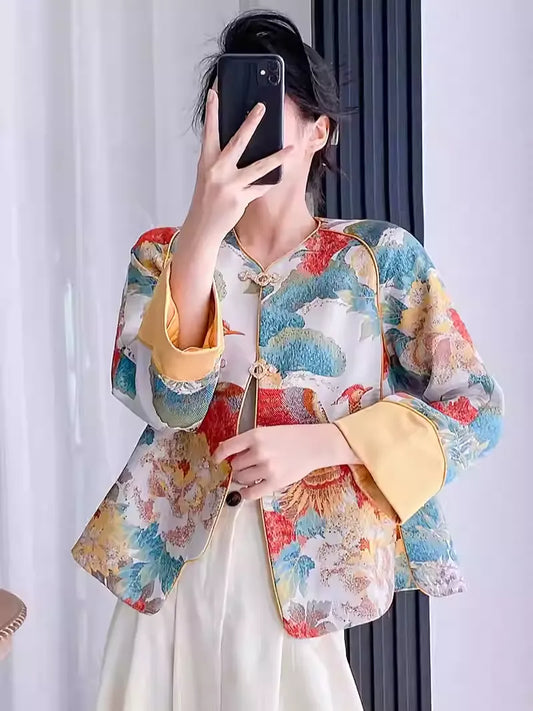 Chinese Style Orange Print Button Silk Coat Spring
