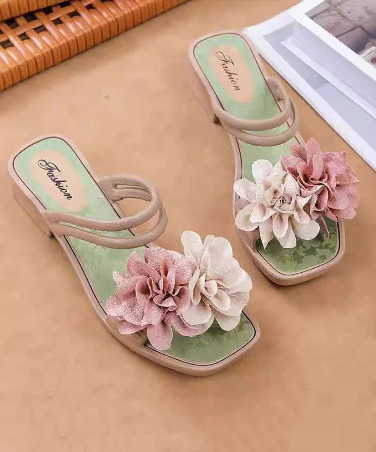 Green Chunky Casual Floral Splicing Slide Sandals Peep Toe