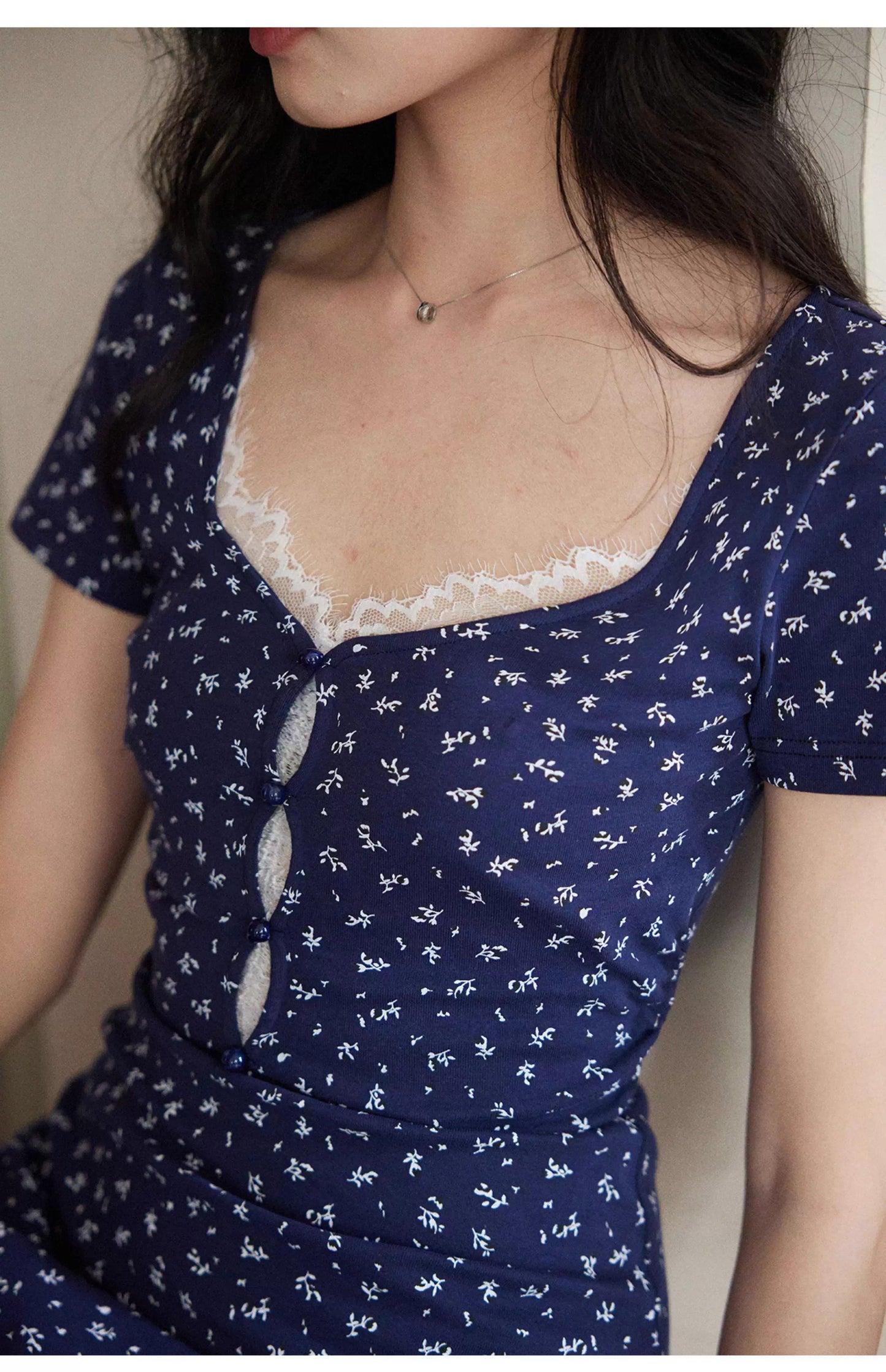 Navy Blue Ditsy Floral Square Neck Lace Trim Short Sleeve Maxi Dresses Summer