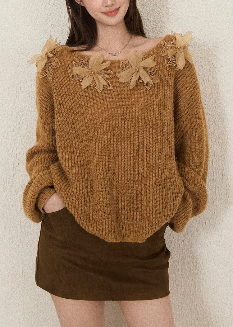 Boho White Oversized Floral Decorated Knit Top Fall