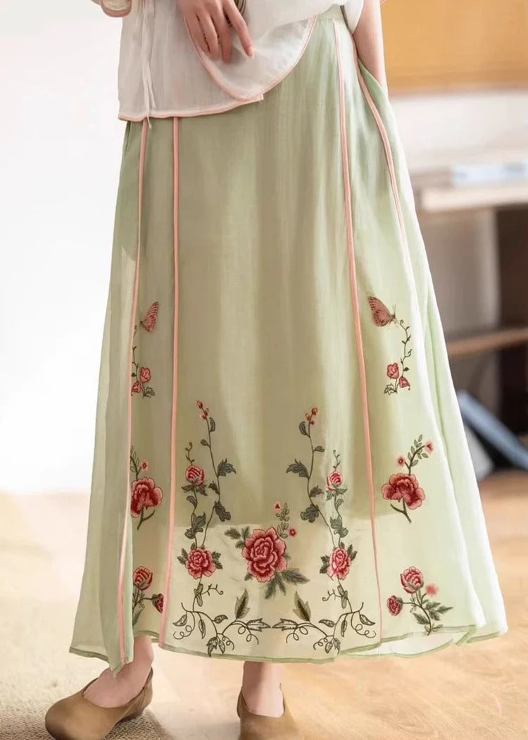 Original White Embroidered Elastic Waist Pockets Cotton Skirt Summer