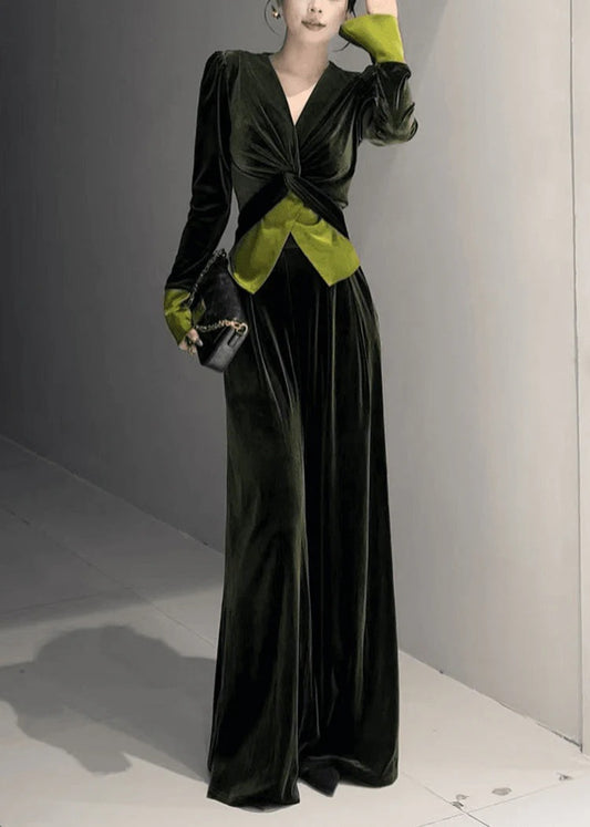 French Green V Neck Silk Velvet Two Pieces Set Spring