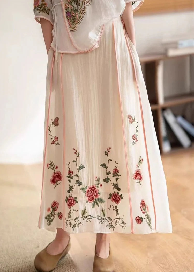 Original White Embroidered Elastic Waist Pockets Cotton Skirt Summer