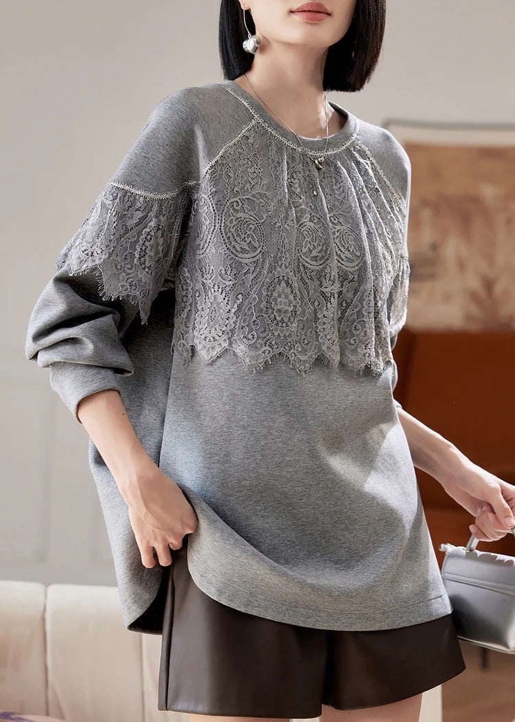 Vogue Grey V Neck Lace Patchwork Sweatshirts Spring