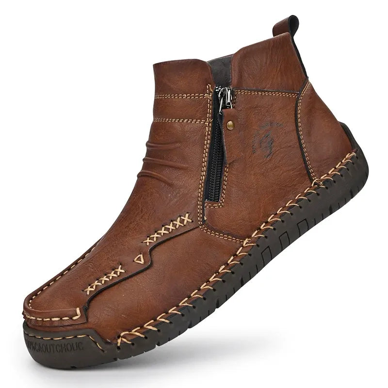 Men's Retro Brown Hand stitched Side Zip High Top Shoes