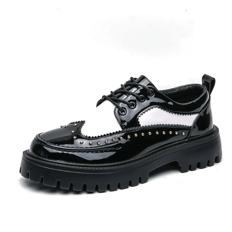 Unique Thick-Soled Color-Block Studded Brogue Shoes