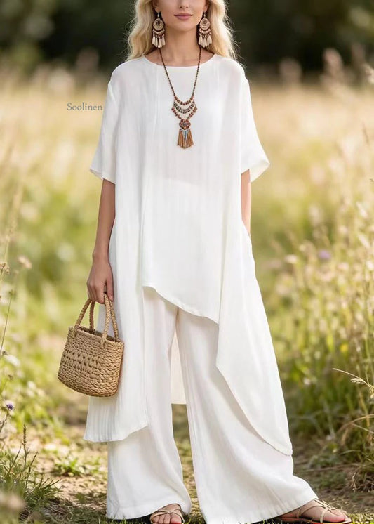 Women White Asymmetrical Top And Pants Cotton 2 Piece Outfit Summer