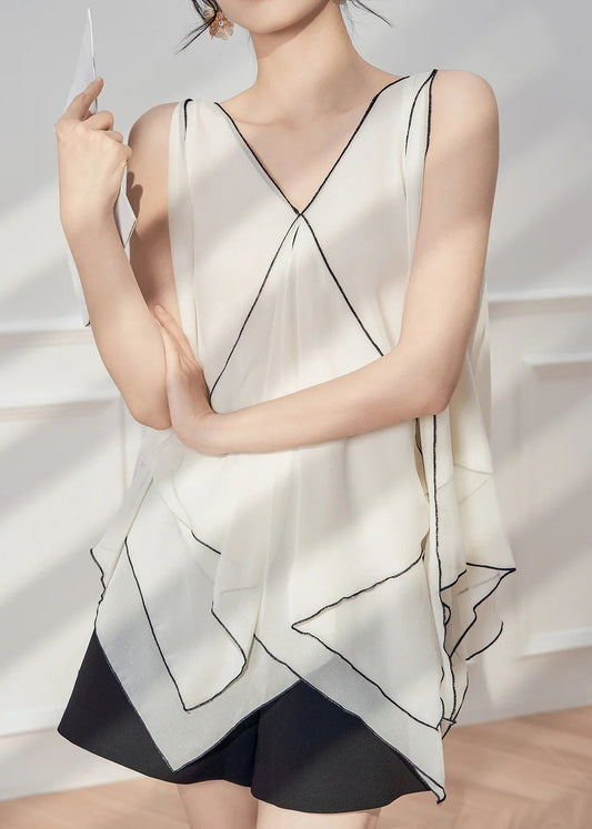 French White V Neck Asymmetrical Striped Chiffon Top Sleeveless
