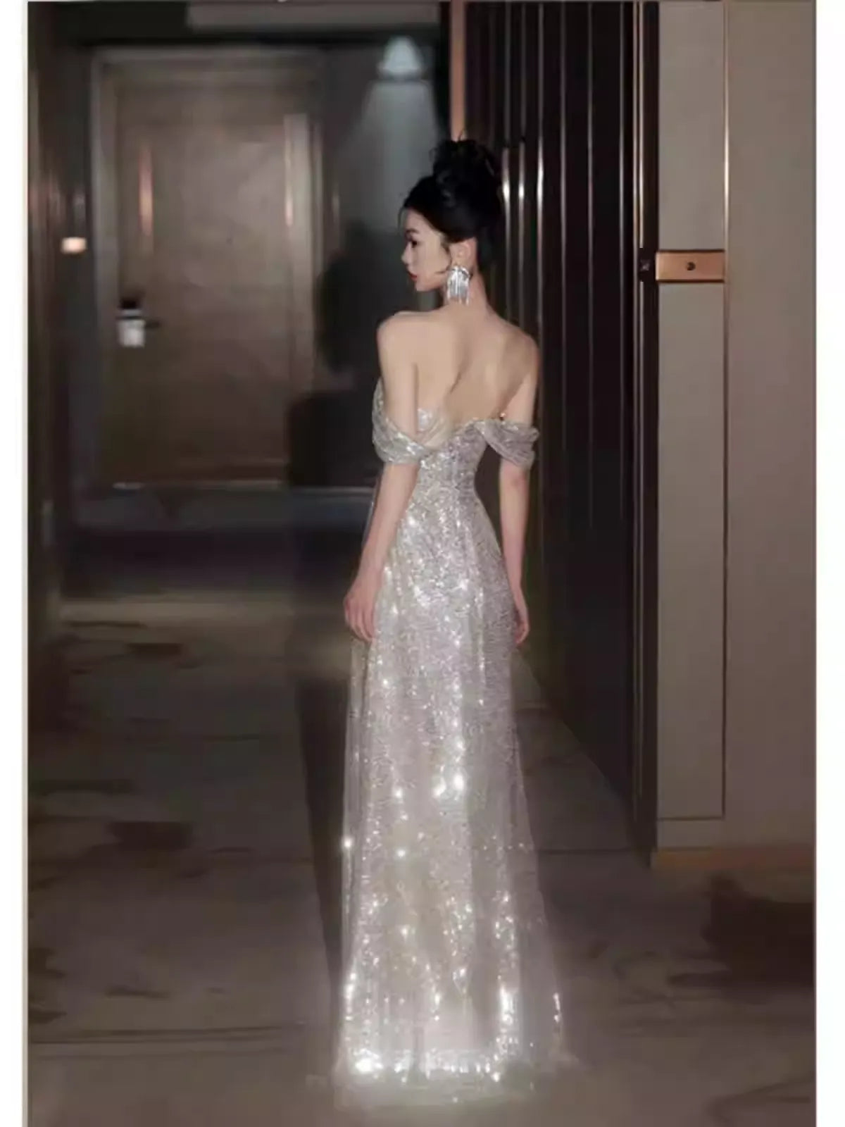2025 New Champagne Slash Neck Side Open Sequins Party Dress