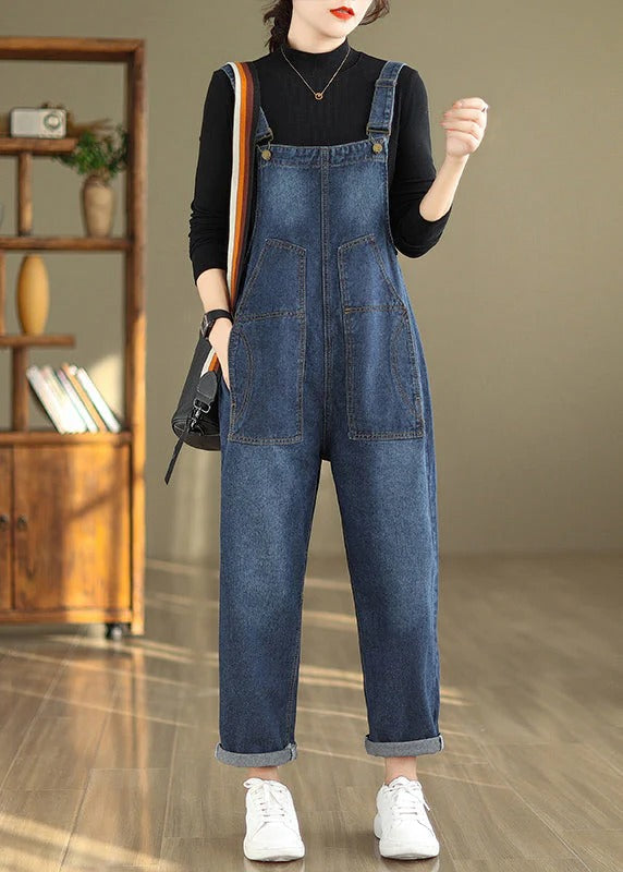 Natural Dark Blue Pockets Patchwork Denim Jumpsuits Sleeveless