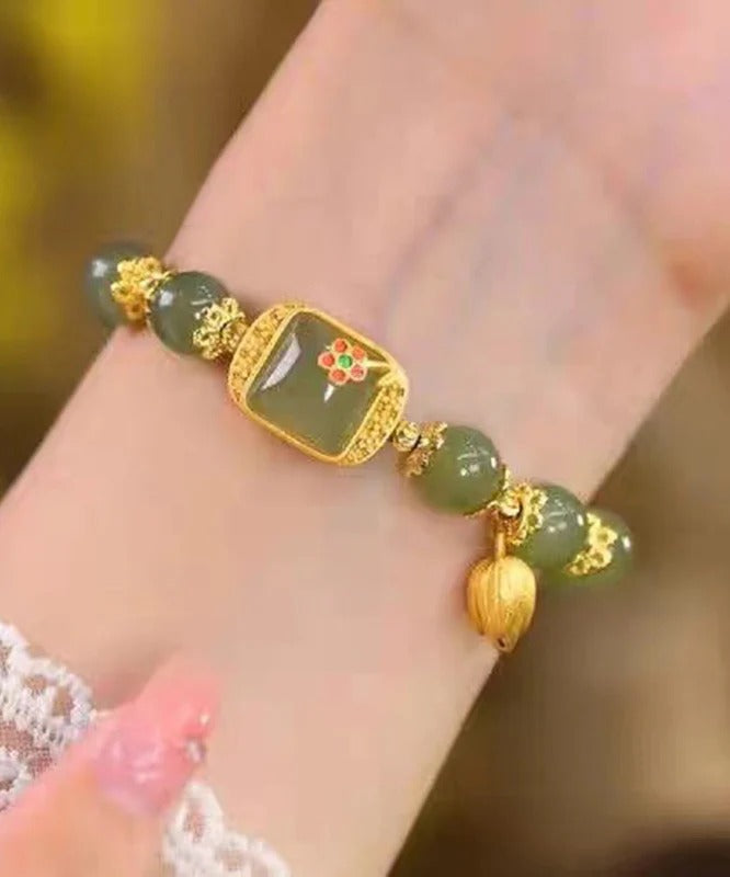 Vintage Green Sterling Silver Overgild Lotus Beading Charm Bracelet