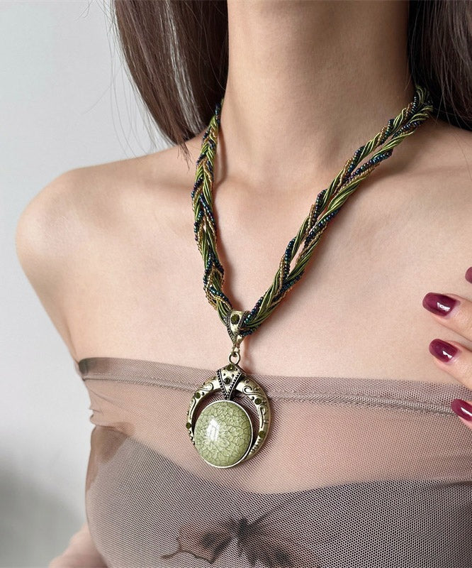 Vintage Green Acrylic Alloy Weave Beading Pendant Necklace
