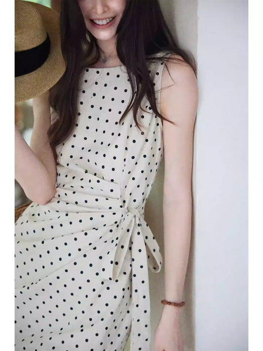 Plus Size Beige Polka Dot Sleeveless Wrap Tie Waist Slit Midi Dresses Summer
